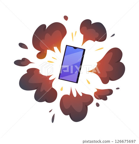 Burning fire electronic device, explosion effect, vector cartoon smartphone flaming, gadget detonation, boom effect 126675697