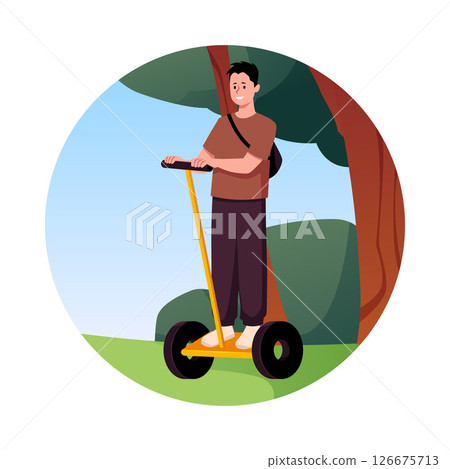 Young man ride electric scooter, gyroscooter segway with handle in the forest, cartoon ECO transport vector round frame 126675713