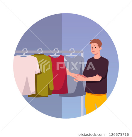 Man choosing knitwear t-shirt on a hanger, slow fashion, natural ecological cotton clothing, vector flat ECO lifestyle 126675716