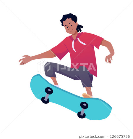 Boy riding a skateboard or longboard, teenager doing a jumping trick, vector cartoon street extreme sport, ECO lifestyle 126675736