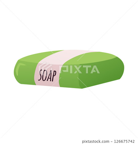 Handmade natural essential oil green soap bar vector flat illustration, herbal soap brick with label, ECO lifestyle Handmade natural essential oil green soap bar vector flat illustration, herbal soap brick with label, ECO lifestyle 126675742