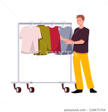 Man choosing knitwear t-shirt on a hanger, slow fashion, natural ecological cotton clothing, vector flat ECO lifestyle 126675744