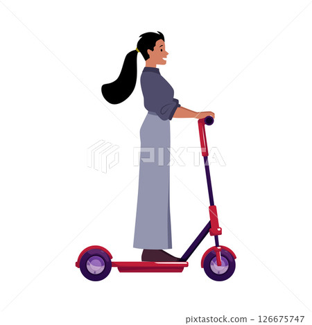 Active young woman riding electric walk red scooter, vector cartoon female character driving ecological urban transport 126675747