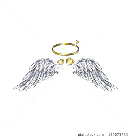 Angel wings with gold ring and heart vector sketch, pair of heraldic white bird wings down side with nimbus, love symbol 126675763