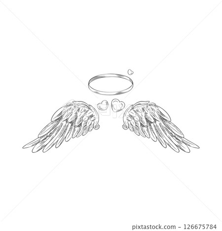 Vector illustration of angel wings sketch with wings, halo and hearts. Vector illustration of angel wings sketch with wings, halo and hearts. 126675784