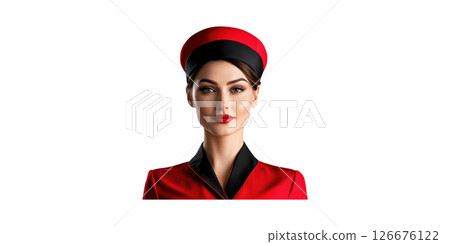 Elegant Female Flight Attendant In Red Uniform. Professionalism And Hospitality In Aviation Industry Isolated On Transparent Background 126676122