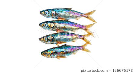 Four Vibrant Iridescent Fish. Marine Life And Biodiversity Concept Isolated On Transparent Background 126676178