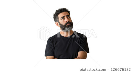Thoughtful Bearded Man In Black T-Shirt Looking Up. Contemplation And Curiosity Concept Isolated On Transparent Background 126676182