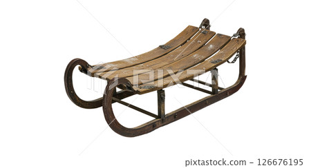 Vintage Wooden Sled With Metal Runners. Classic Winter Sports Equipment Isolated On Transparent Background 126676195