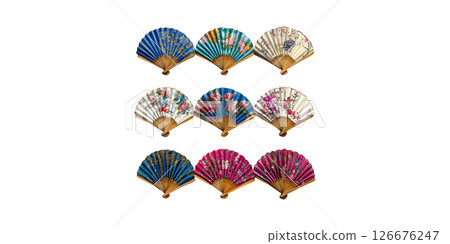 Colorful Decorative Hand Fans With Floral Patterns. Cultural Artistry And Traditional Craftsmanship Isolated On Transparent Background 126676247