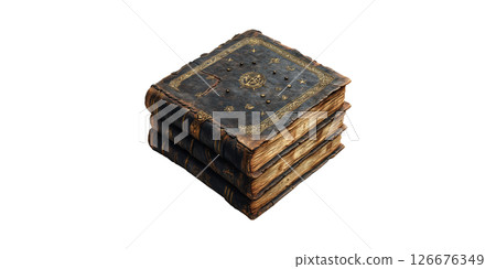 Ancient Leather-Bound Books With Ornate Cover Design. Historical Knowledge And Mystical Literature Isolated On Transparent Background 126676349