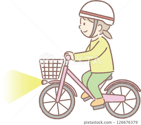 A girl wearing a helmet and riding a bicycle with lights on 126676379