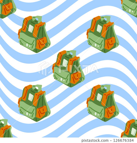 Seamless Cartoon Travel Backpack Pattern 126676384