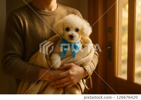 毛茸茸的白色小狗裹在毯子裡，緊緊地抱在懷裡 126676420