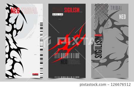 Neo tribal posters design collection, Cyber sigilism vector set, Gothic abstract ornament swirl demon wings sharp shapes Neo tribal posters design collection, Cyber sigilism vector set, Gothic abstract ornament swirl demon wings sharp shapes 126676512