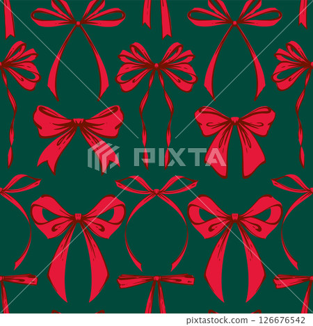 Christmas Red Ribbon Bows Seamless Pattern on green background. Coquette Hand-drawn festive ribbon bows in whimsical, vintage style. Retro holiday print for gift wrap, textiles, card, seasonal designs Christmas Red Ribbon Bows Seamless Pattern on green background. Coquette Hand-drawn festive ribbon bows in whimsical, vintage style. Retro holiday print for gift wrap, textiles, card, seasonal designs 126676542