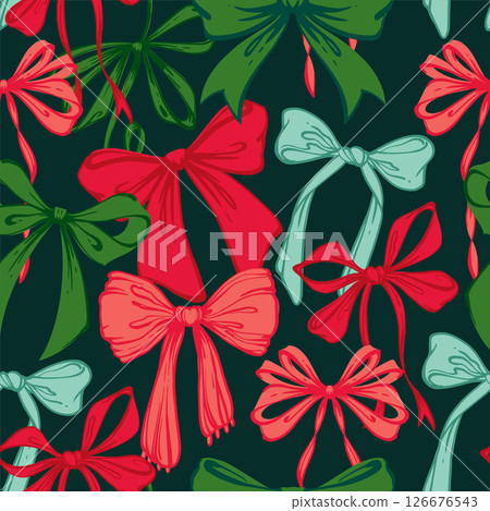 Playful Christmas Ribbon Bows Seamless Pattern. Vibrant red and green Hand-Drawn Doodle Bows on dark Background. Fun Kids Design. Retro holiday print for gift wrap, textiles, card, seasonal designs Playful Christmas Ribbon Bows Seamless Pattern. Vibrant red and green Hand-Drawn Doodle Bows on dark Background. Fun Kids Design. Retro holiday print for gift wrap, textiles, card, seasonal designs 126676543