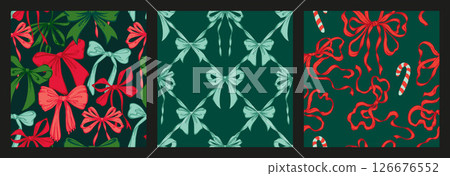 Ribbon Bow Christmas Seamless Pattern Set. Red and green Hand-Drawn Feminine Lattice Backgrounds with Festive garland of bows. Vintage backdrops for wrapping paper, textile, seasonal designs Ribbon Bow Christmas Seamless Pattern Set. Red and green Hand-Drawn Feminine Lattice Backgrounds with Festive garland of bows. Vintage backdrops for wrapping paper, textile, seasonal designs 126676552