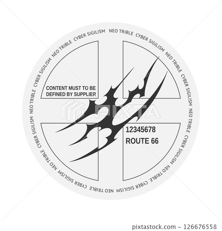 Vector illustration of a round logo with a black silhouette of a tribal pattern in the center, y2k. Vector illustration of a round logo with a black silhouette of a tribal pattern in the center, y2k. 126676558