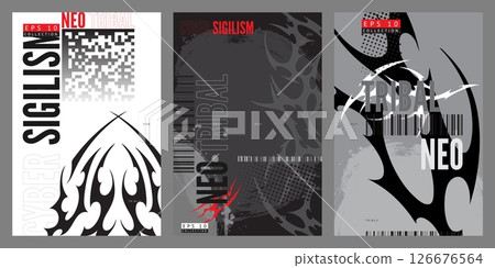 Vector set of posters in neo-tribal and cyber sigilism style. Vector set of posters in neo-tribal and cyber sigilism style. 126676564