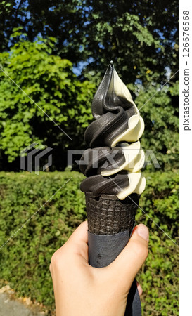 Hand holding black and white ice cream cone in cervena lhota, czechia Hand holding black and white ice cream cone in cervena lhota, czechia 126676568