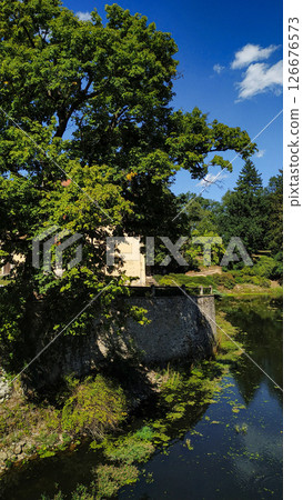 Cervena lhota castle reflecting on the calm waters in czechia 126676573