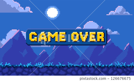 Pixel background with mountain night landscape and "Game Over" inscription. Pixel background with mountain night landscape and "Game Over" inscription. 126676675