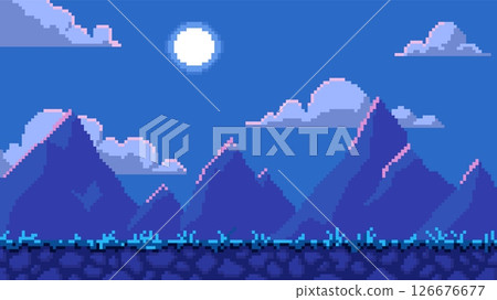 Pixel night landscape with moon, mountains, clouds and rocky terrain in retro 8-bit style. 126676677