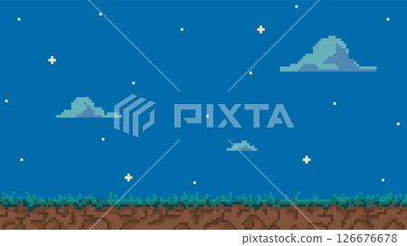 Pixel art background with night horizon, land, grass, sky with stars and clouds. Pixel art background with night horizon, land, grass, sky with stars and clouds. 126676678