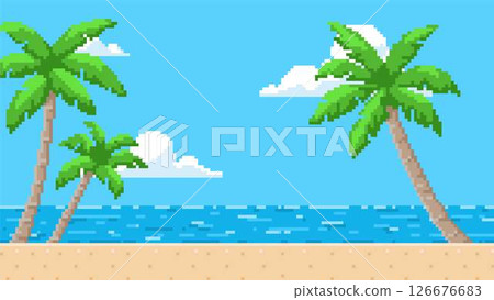 Pixel background with palm trees, sand and water horizon, blue sky with clouds. 126676683