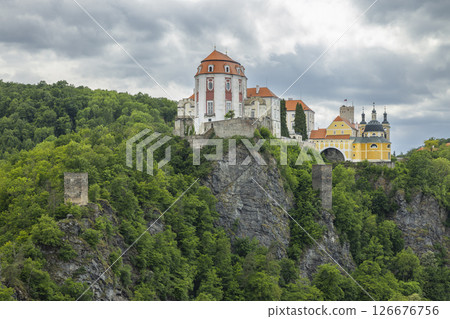 Vranov nad Dyji Chateau dominating the cliff in Czechia under cloudy sky 126676756