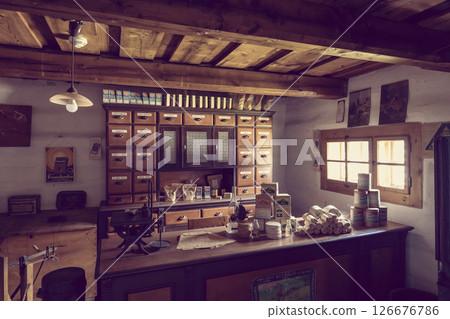 Old traditional grocery store with wooden furniture and various products displayed in Pribylina, Slovakia 126676786