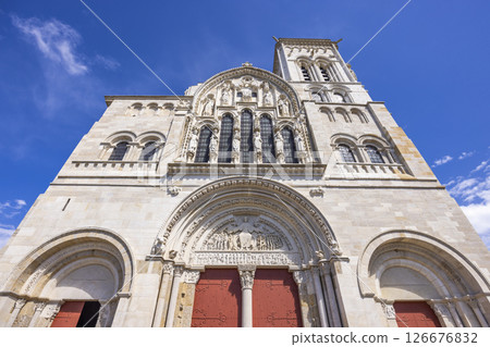 Vezelay Basilica, imposing facade rising towards a vibrant blue sky in Bourgogne Franche Comte, France 126676832