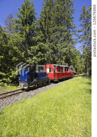 Narrow gauge railway passing through Museum of Liptov Village in Pribylina, Slovakia Narrow gauge railway passing through Museum of Liptov Village in Pribylina, Slovakia 126676866