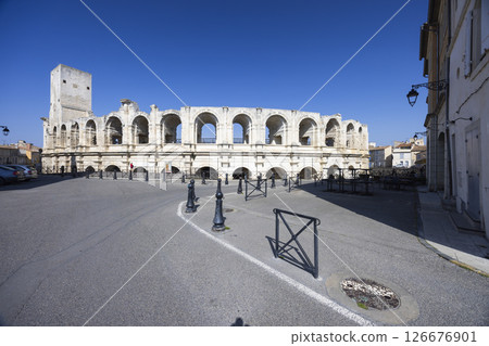 Arles Amphitheater dominating Rond Point des Arenes square in Provence, France 126676901