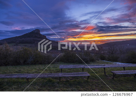 Rock of Solutre with vineyards, Burgundy, Solutre-Pouilly, France Rock of Solutre with vineyards, Burgundy, Solutre-Pouilly, France 126676967