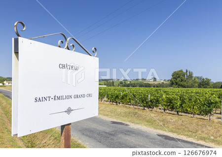 Typical vineyards with information board Grand Cru Classe near Saint-Emilion, Bordeaux, Aquitaine, France Typical vineyards with information board Grand Cru Classe near Saint-Emilion, Bordeaux, Aquitaine, France 126676974