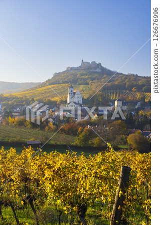 Falkenstein ruins and town with vineyard, Lower Austria, Austria Falkenstein ruins and town with vineyard, Lower Austria, Austria 126676996