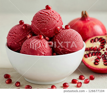 Close-up of a white bowl filled with three scoops of pomegranate creamy ice cream, garnished with a fresh pomegranate berries. 126677104