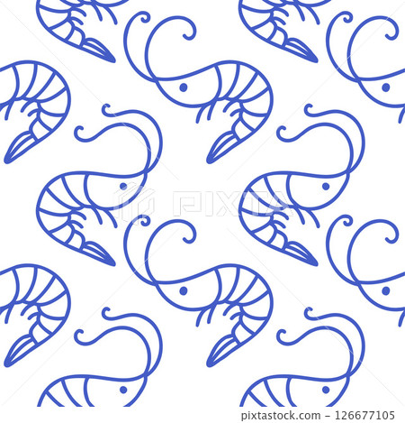 La dolce vita doodles seamless pattern shrimps. Blue on white vector illustration of italian style hand drawn posters. Wall art prints decor, for invitations, menus design. 126677105