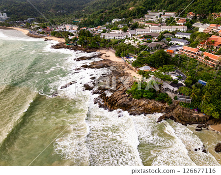 Aerial view landscape sea beach in raining season at Phuket island Thailand. 126677116
