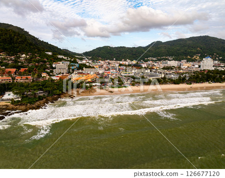 Aerial view landscape sea beach in raining season at Phuket island Thailand. Aerial view landscape sea beach in raining season at Phuket island Thailand. 126677120