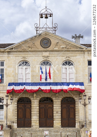 Town Hall of Auch displaying French and European Union flags in Place de la Liberation, Occitanie, France Town Hall of Auch displaying French and European Union flags in Place de la Liberation, Occitanie, France 126677232