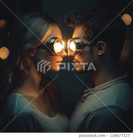 This captivating image features a man and woman facing each other closely, both wearing futuristic lightbulb goggles that glow warmly in the dim setting. Their intimate proximity, combined with the gl This captivating image features a man and woman facing each other closely, both wearing futuristic lightbulb goggles that glow warmly in the dim setting. Their intimate proximity, combined with the gl 126677327