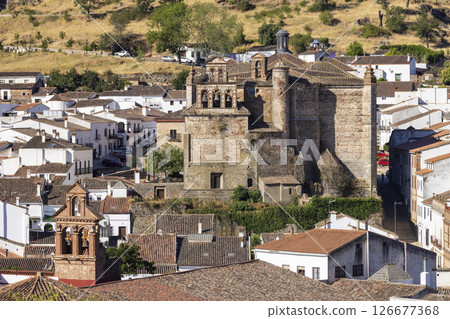 Priory Church of Aracena dominating the skyline of the picturesque Andalusian town in Spain 126677368