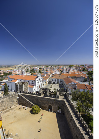 Beja cityscape overlooking ancient castle walls and courtyard in Alentejo, Portugal Beja cityscape overlooking ancient castle walls and courtyard in Alentejo, Portugal 126677378