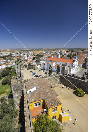 Beja cityscape with Castle and Church of Santo Amaro from above, Portugal 126677380