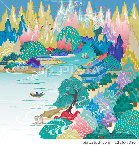 Modern Korean Mountain and River Landscape Vector Illustration 126677386