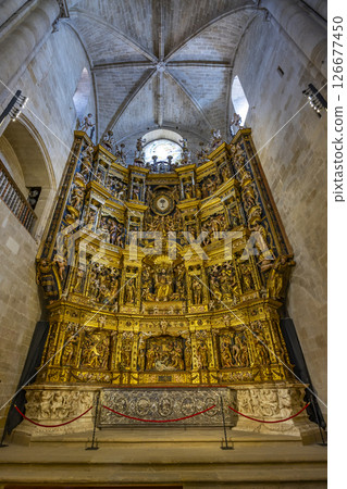 Impressive golden altarpiece decorating Santo Domingo de la Calzada Cathedral in La Rioja, Spain Impressive golden altarpiece decorating Santo Domingo de la Calzada Cathedral in La Rioja, Spain 126677450