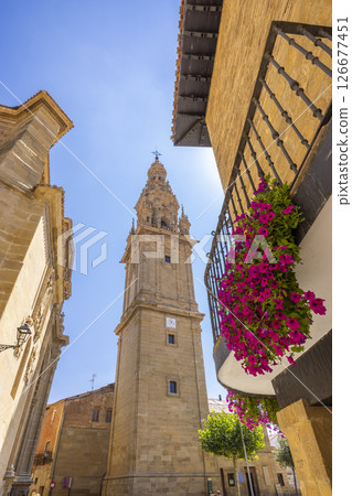 Santo Domingo de la Calzada Cathedral Tower rising over Calle del Cristo in La Rioja, Spain Santo Domingo de la Calzada Cathedral Tower rising over Calle del Cristo in La Rioja, Spain 126677451